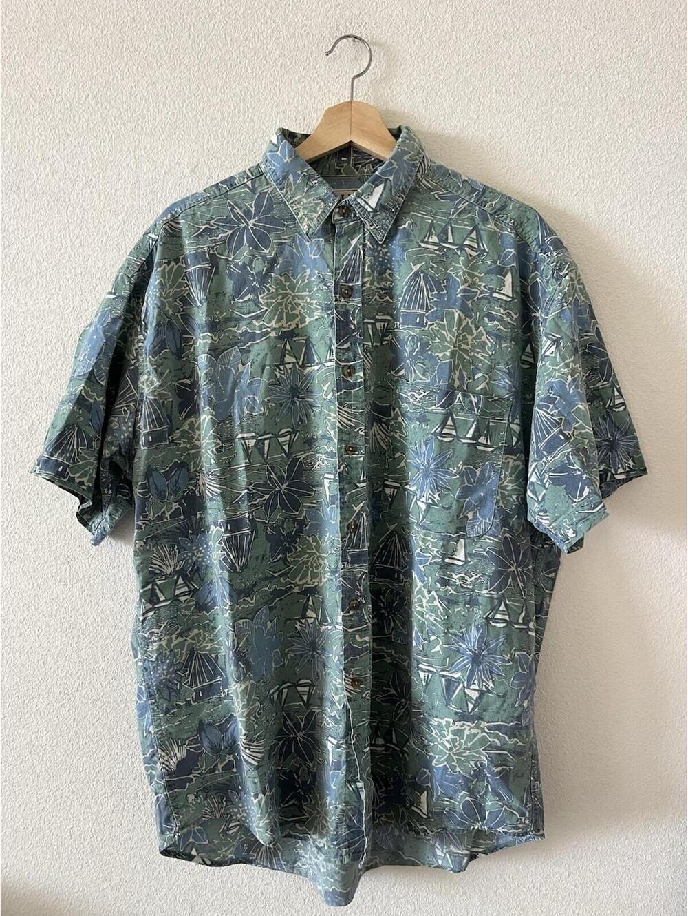 Vintage LL Bean Nautical Sailboat Short Sleeve Shirt L⁠